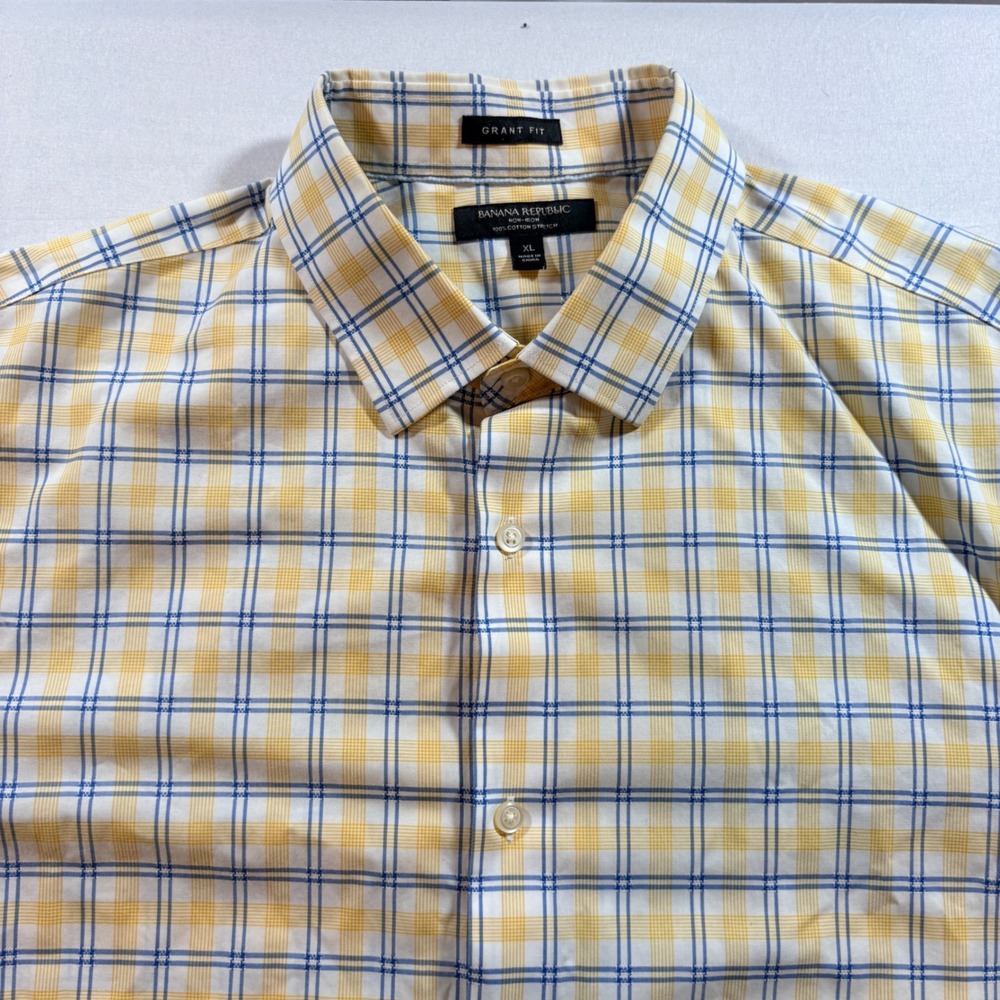 Banana Republic Dress Shirt Mens XL Grant Fit Yellow Blue Plaid Non-Iron Cotton